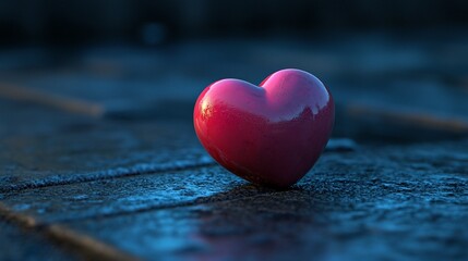Fototapeta premium A single, shiny red heart rests on a dark, textured surface.