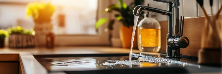 A faucet runs over a spotless bathroom sink, revealing its shiny surface and spotless counter in this detailed image.