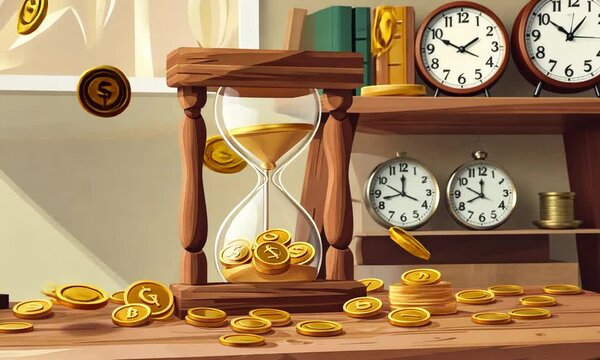 An hourglass surrounded by scattered coins, symbolizing time and wealth.