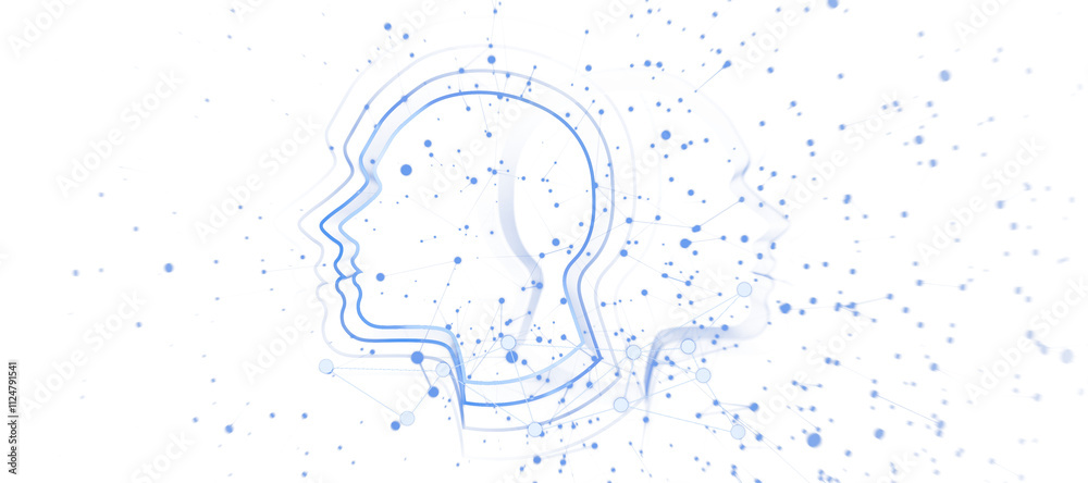 Poster Digital design of human profiles with blue nodes and lines, interconnected on a clean white background, representing virtual communication style. 3D Rendering.
