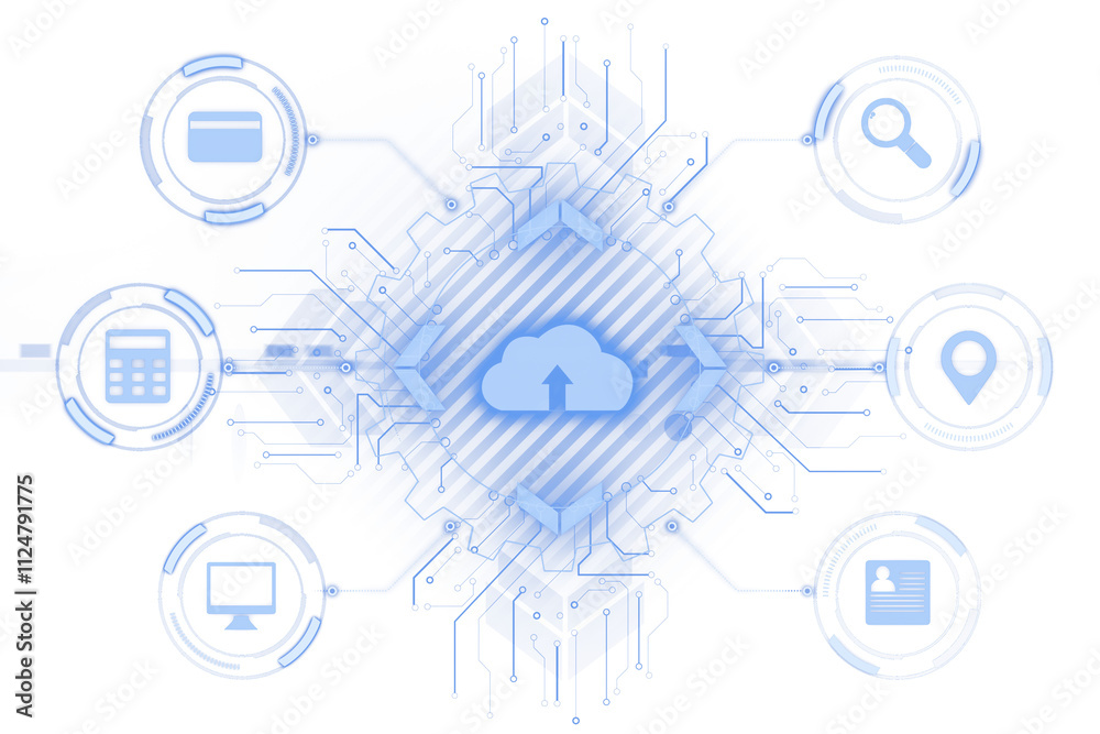 Leinwandbilder Cloud icon with interconnected tech symbols and circuit lines in blue holographic style on a white background, concept of virtual technology. 3D Rendering.