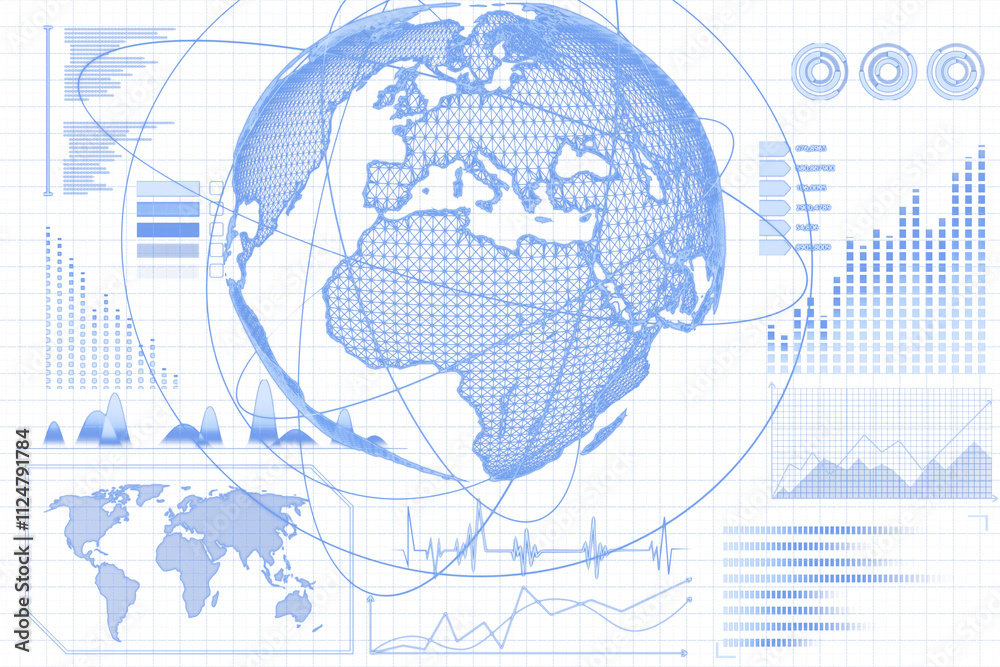 Poster Abstract blue holographic globe with mesh texture surrounded by futuristic data graphics and charts on a white background, concept of global tech. 3D Rendering.
