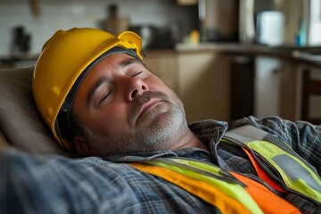 Construction Worker Taking a Restful Nap on a Construction Site, Exhausted After a Long Day of Work