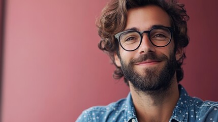 portrait of smiling man with beard and glasses on pink background