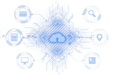 Cloud icon with interconnected tech symbols and circuit lines in blue holographic style on a white background, concept of virtual technology. 3D Rendering.