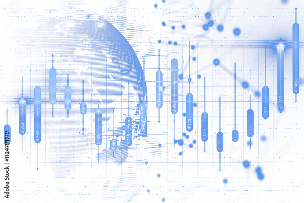 Poster Blue financial chart graphics with candlestick patterns over a globe design, futuristic digital style, white background, concept of data. 3D Rendering.