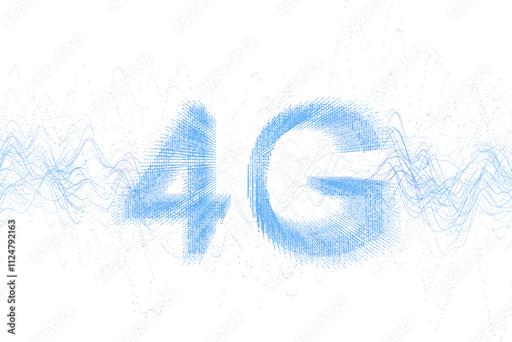 Poster abstract blue 4g holographic text with dynamic wave and dot patterns, isolated on a white background