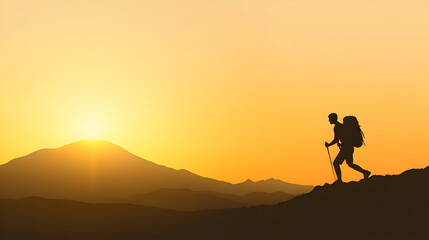 A silhouette of a person hiking up a mountain with a sunrise or sunset in the background, using clean lines. Minimalist hiker on mountain.