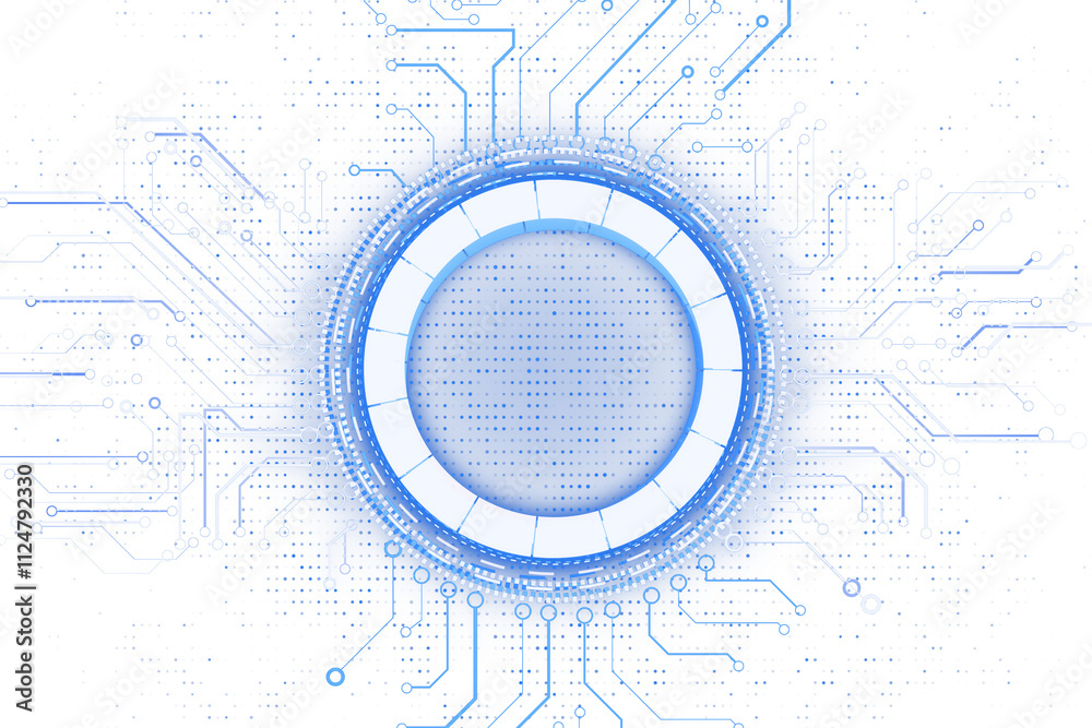Leinwandbilder Circular tech interface design with blue lines and dots, futuristic style, white background. Concept of digital technology layout. 3D Rendering.
