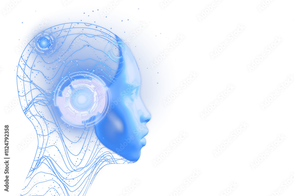 Poster Blue digital human head silhouette with neural circuit patterns and holographic effects on white background. Concept of artificial intelligence. 3D Rendering.