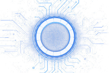 Obraz premium Circular tech interface design with blue lines and dots, futuristic style, white background. Concept of digital technology layout. 3D Rendering.