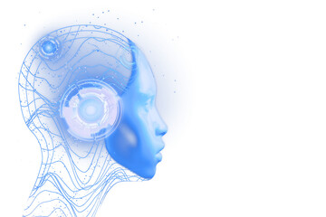 Blue digital human head silhouette with neural circuit patterns and holographic effects on white background. Concept of artificial intelligence. 3D Rendering.