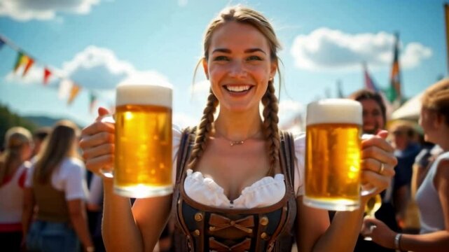 A cheerful young woman in traditional Bavarian attire holds two large beer mugs at an Oktoberfest event. The lively atmosphere and her smiling face celebrate the festival spirit