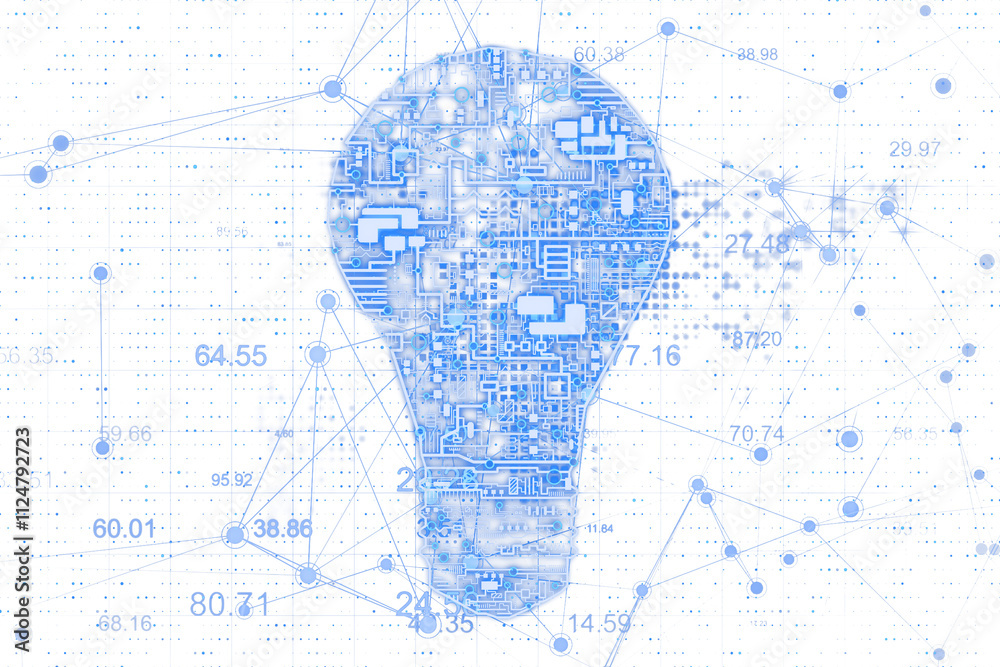 Poster Digital circuit light bulb with interconnected dots, lines, and numbers on a white background, symbolizing innovation and technology. 3D Rendering.