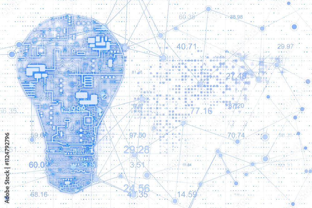 Leinwandbilder Lightbulb shape with intricate circuits, data points, and connections, futuristic design, white background. Concept of technology and ideas. 3D Rendering.