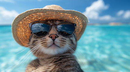 A cute cat wears a hat and sunglasses, posing for a selfie by a picturesque sea. Travel and pet-themed concepts.