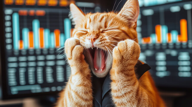 Ginger Cat Screaming Amid Digital Data Charts on Screen - Powered by Adobe
