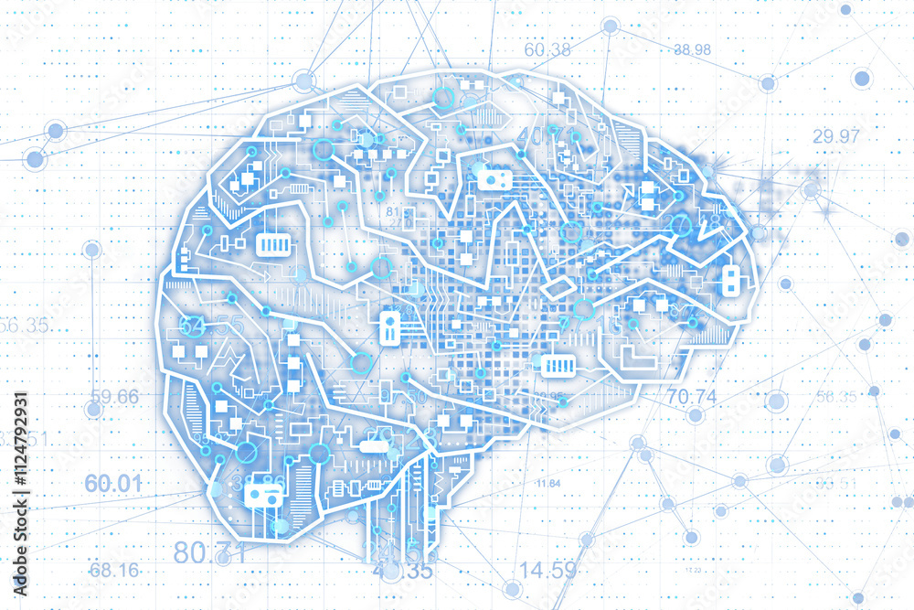 Poster digital brain design with circuits and blue neon details, outlined on a white background. concept of