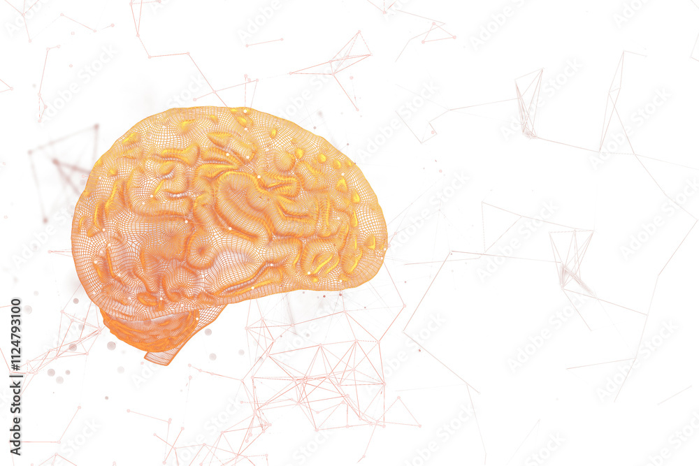 Poster Abstract 3D orange brain structure with fine digital mesh, interconnected lines, and nodes on a white background. Concept of virtual tech. 3D Rendering.
