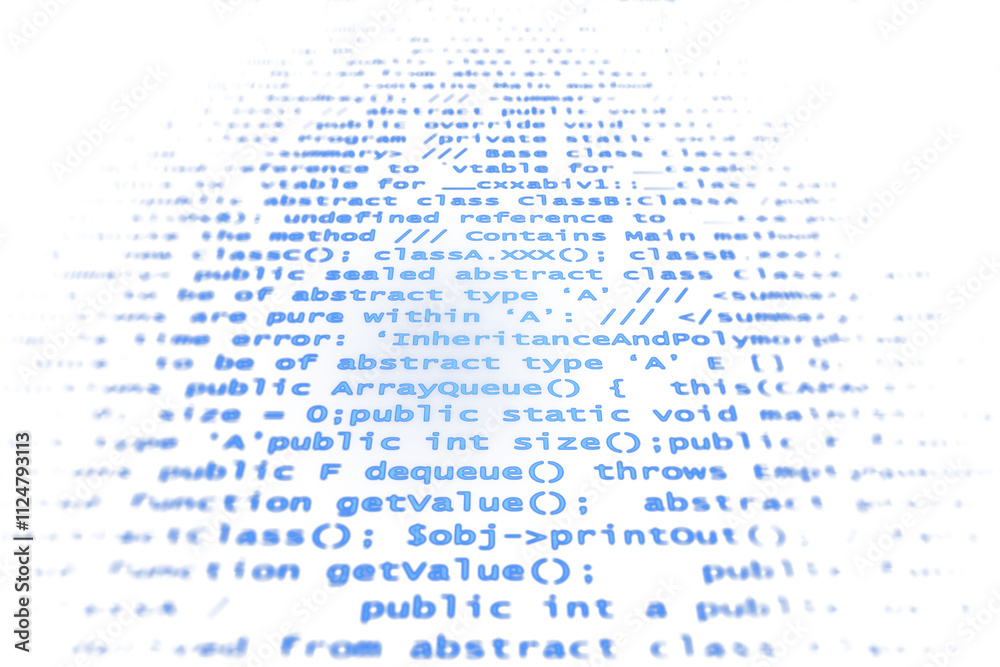 Aufkleber Blue programming code text highlighted on a white background, creating a futuristic and digital layout concept, 3D rendering