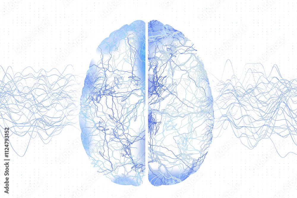 Fototapete Blue brain with intricate neural connections, abstract wave patterns, white background, digital style. Concept of neural networks, AI. 3D Rendering.