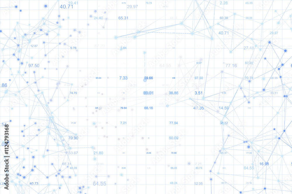 Poster Abstract network of blue dots connected by lines with numerical data overlaid on a white grid background. Concept of big data visualization. 3D Rendering.