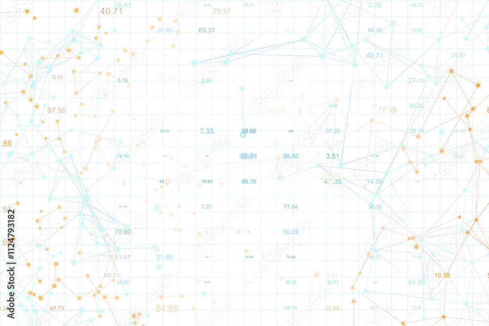 Poster Abstract network with numerical data points, connecting lines on a white grid background, modern digital style, concept of data analysis. 3D Rendering.