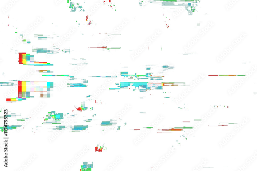 Fototapete Abstract glitch effect featuring colorful distorted lines and blocks on a clean white background. Concept of digital screen error. 3D Rendering.