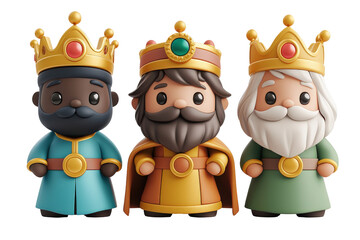 figuritas o mu&ntilde;ecos  en 3d de 3 adorables Reyes Magos de dibujos animados con coronas doradas sobre fondo blanco. Concepto decoraciones navide&ntilde;as religiosas