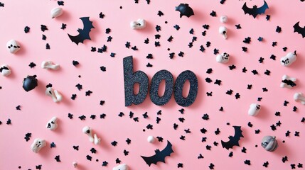 Halloween decor: Tiny pumpkins, bones, bats, glittering boo text, and black confetti on a pastel pink surface
