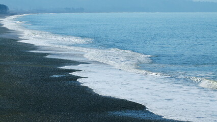 Sea Coastline With Foaming Water At High Tide In Sunny Windy Weather. Summer, Vacation And...