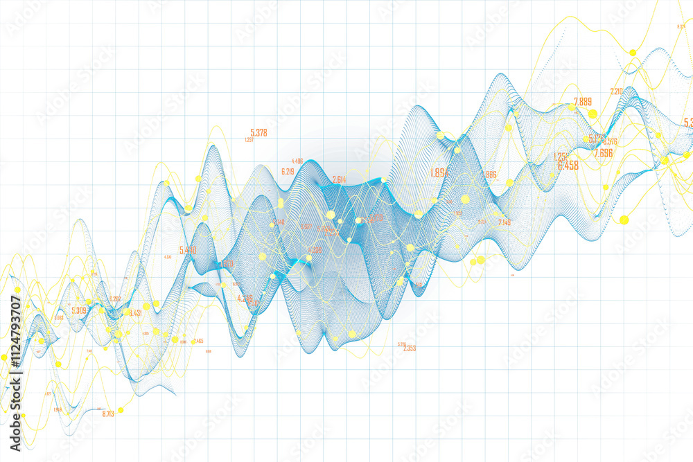 Aufkleber Graph visualization with blue and yellow lines, data points, and numbers on a grid background, representing data analysis and technology concepts. 3D Rendering.