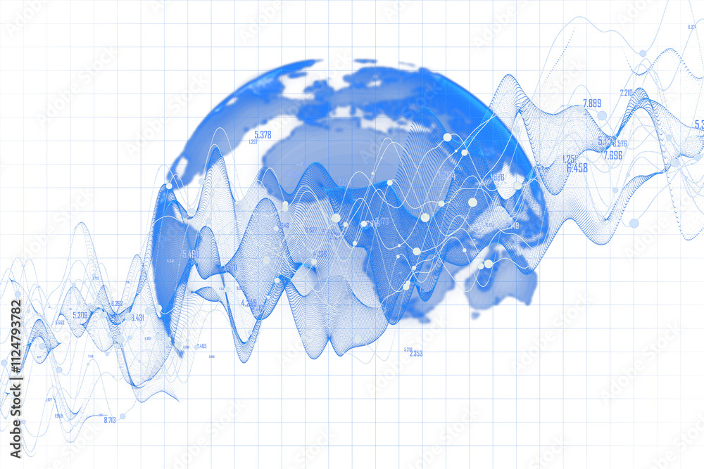 Aufkleber Blue globe with 3D waveforms, grid background, representing global data, technology, and analytics concept on a clean white backdrop. 3D Rendering.