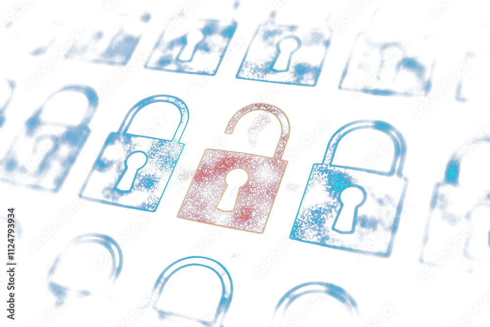 Poster Digital padlock pattern with one highlighted and unlocked, white background, modern graphic style. Concept of cybersecurity and data breach. 3D Rendering.