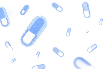 Blue and white capsule pills with digital holographic patterns, clean white background, representing virtual medical and tech concepts. 3D Rendering.