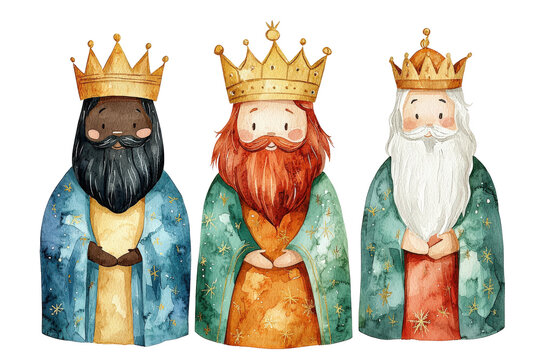 hermosa acuarela de los 3 Reyes Magos de Navidad, Melchor, Gaspar y Baltasar, con sus coronas doradas sobre fondo blanco. Concepto decoraciones navideñas