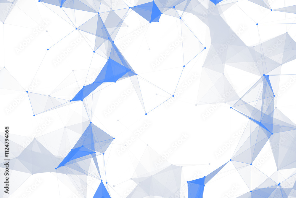 Aufkleber Abstract geometric blue network pattern with connecting lines and transparent triangles on white background. Concept of digital design. 3D Rendering.