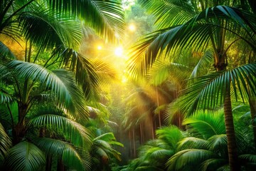 Fototapeta premium Breathtaking Bokeh Effect in Lush Palm Forests Capturing the Essence of Tropical Paradise with Soft Glows and Dreamy Atmosphere for Nature Lovers and Photographers