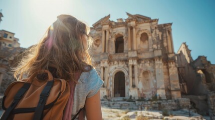 Fototapeta premium A traveler explores ancient ruins under a bright sun.