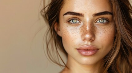 Fototapeta premium A close-up portrait of a woman with striking green eyes and freckled skin.
