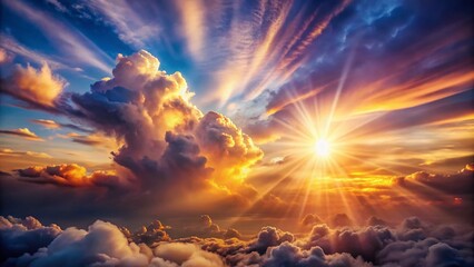 Naklejka premium Breathtaking Dramatic Cloudscape with Sunbeams Illuminating the Sky in a Beautiful Bokeh Effect, Capturing Nature's Splendor and Serenity for Stunning Stock Photography