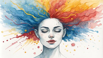 Watercolor Portrait Serene Woman with Abstract Hair, Blue, Red, Yellow Splashes, Peaceful Concept, Watercolor Painting, Abstract Art Watercolor painting