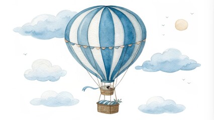 Fototapeta premium Watercolor Hot Air Balloon Illustration Blue Striped Balloon, Clouds, Sun, Watercolor Painting, Childish Design, Hot Air Balloon Art Hot Air Balloon, Watercolor Painting