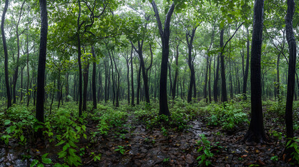 Obraz premium Experience the Peaceful Beauty of a Rainy Monsoon Forest in a Stunning Visual Panorama