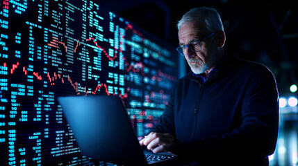 Broker analyzes market data on laptop in office environment for financial insights