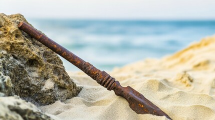 Ancient harpoon resting on sandy beach, partially buried with weathered wooden handle and rusted metal tip, evoking historical maritime heritage and archaeological significance