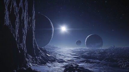 Fototapeta premium A planet in space with three moons planet is seen space galaxy