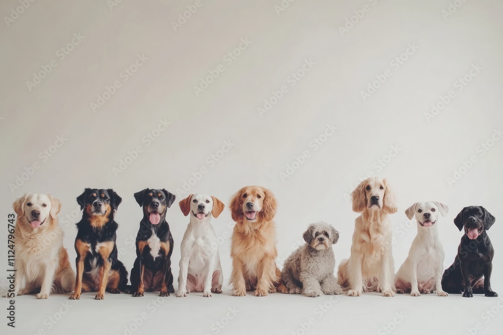 Poster Various breeds and sizes of dogs sit contentedly in a studio, showcasing their unique features and personalities against a neutral background. Generative AI