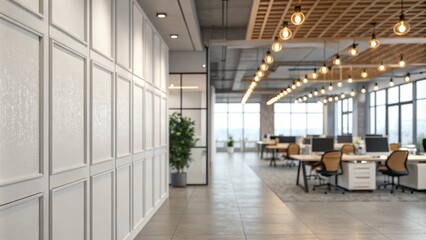 Modern Office Corridor White Paneling, Industrial Lighting, Open Workspace Design, Office Interior, Architectural Photography Office Design, Interior Design