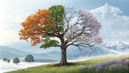 Four Seasons Tree Landscape Digital Painting, Quadriptych Composition, Nature Concept, Seasonal Change Keywords Seasons, Tree